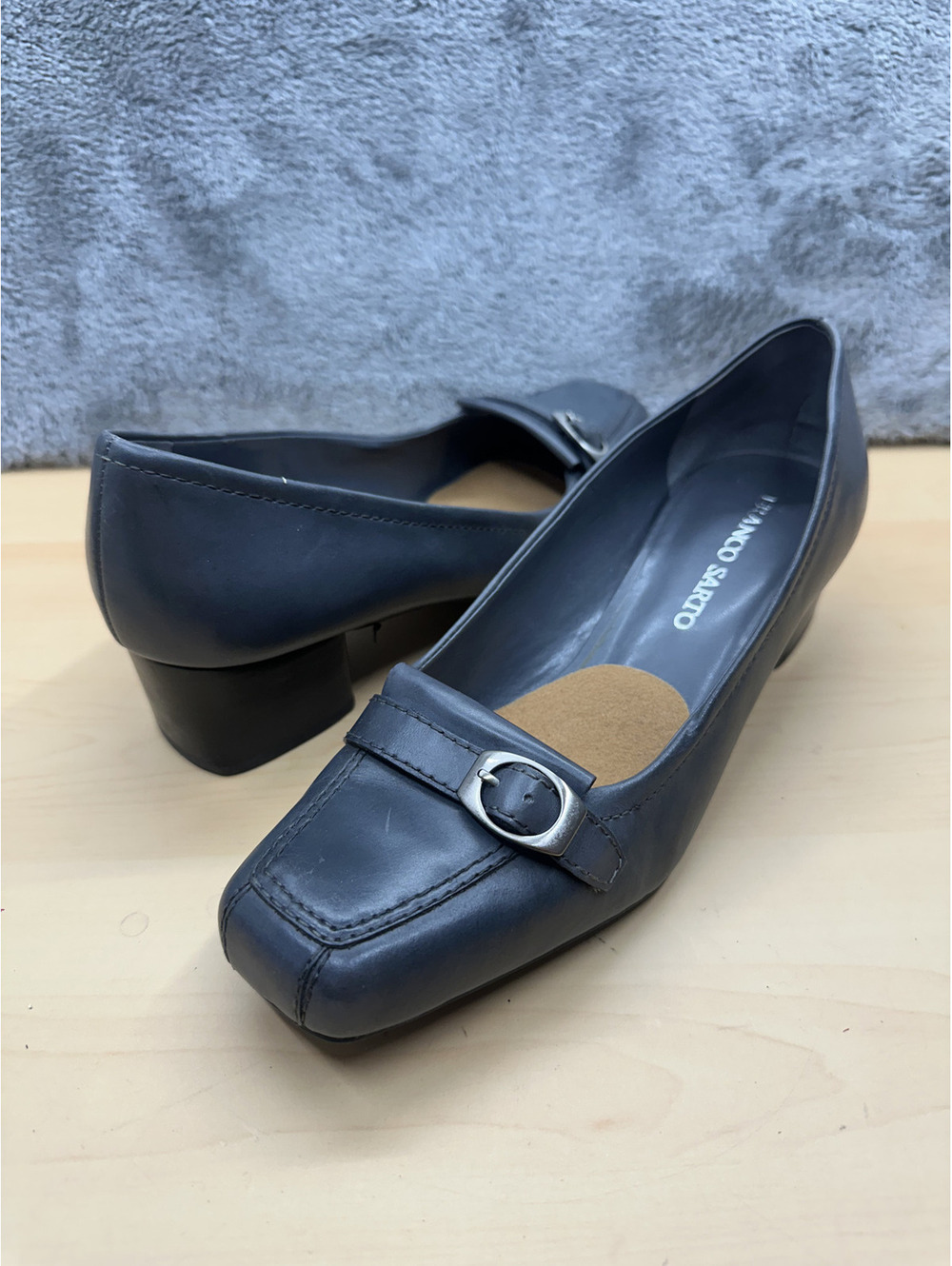 Franco Sarto Classic Black Leather Low Heel Pumps Square Toe Buckle Detail